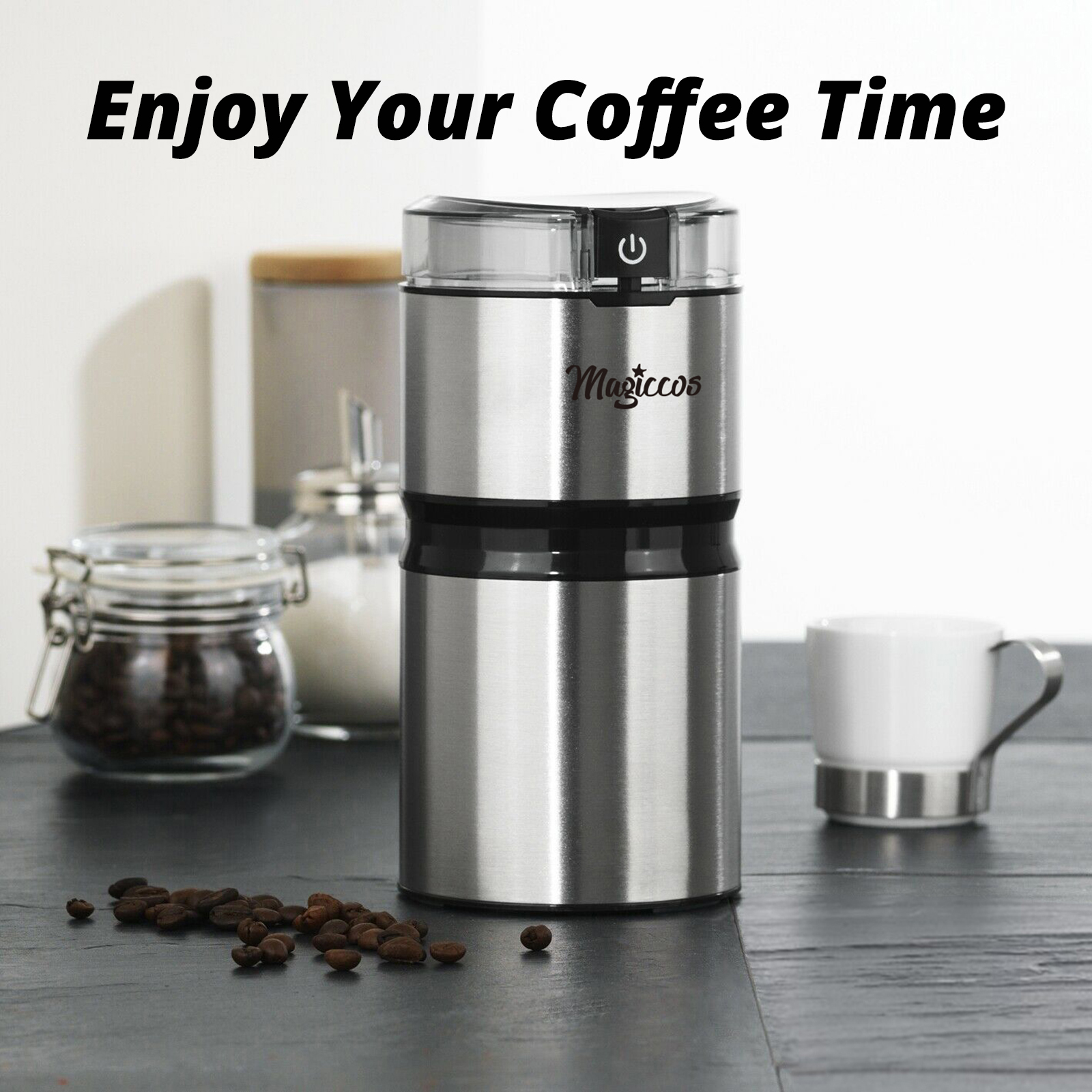 Magiccos Electric Coffee Bean Grinder - One Press Button Control, 50g Coffee Bean Capacity, Stainless Steel Blade, Stain